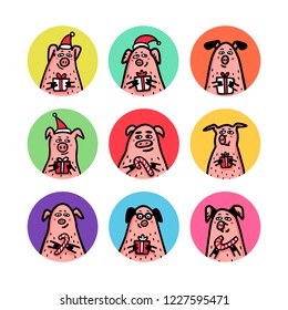 Round shape stickers set. Funny pigs with candy canes, gifts and santa hats. 2019 Chinese New Year symbols. Doodle style characters for greeting cards, print, icon, sticker. Vector illustration