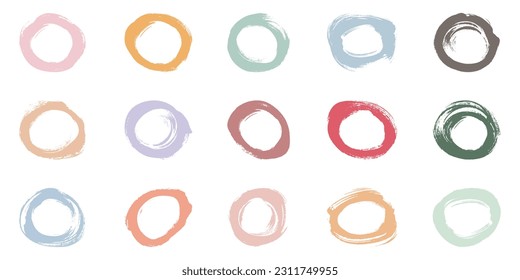 Round Shape Stroke Ink Frame, Grunge Paint Set. Abstract Color Circular Design. Circle Brush Symbol Collection. Stamp Graphic Element. Isolated Vector Illustration.