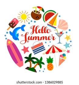 round shape summer dolphin coconut tree template vector illustration