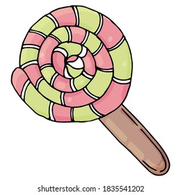 round shape sweet lollipop in red and green color, kawaii sweets, vector, cute drawing for kids