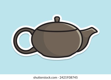 Round Shape Tea Kettle sticker design vector illustration. Kitchen interior object icon concept. Kitchen Kettle with closed lid sticker design with shadow.