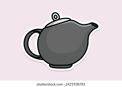 Round Shape Tea Kettle sticker design vector illustration. Kitchen interior object icon concept. Kitchen Kettle with closed lid sticker design with shadow.