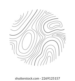 Round shape with topographic or wooden texture. Hand drawn terrain contour. Geographic map relief surface stamp isolated on white background. Vector outline illustration