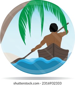 round shape vector design with a dark brown skinned and athletic build man rowing a boat on the beach with a coconut tree beside him