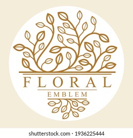 Round shape vector floral emblem isolated on white background, leaves and branches linear logo in circle, luxury classic style elegant badge, boutique or hotel logotype.