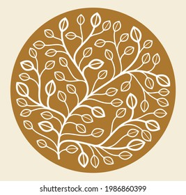 Símbolo redondo vectorial de estampado floral sobre fondo oscuro, hojas y ramas de un logotipo lineal en círculo, elegante distintivo de lujo de estilo clásico, boutique o logotipo de hotel.