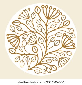 Rundform Vektor Blumenemblem einzeln auf weißem Hintergrund, Blätter und Äste lineares Logo im Kreis, luxuriöses klassisches elegantes Design, Boutique oder Hotel-Logo.