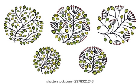 Round shape vector floral emblem isolated on white background, leaves and branches linear logo in circle, luxury classic style elegant badge, boutique or hotel logotype.