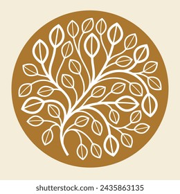 Round shape vector floral emblem on dark background, leaves and branches linear logo in circle, luxury classic style elegant badge, boutique or hotel logotype.