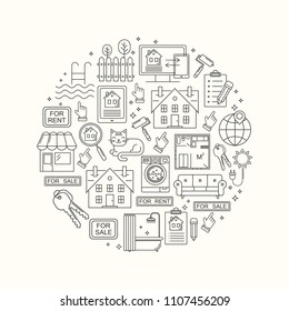 Round shape vector real estate line style pattern. Black on white linear background with sale and rent buildings, house, flat and room.