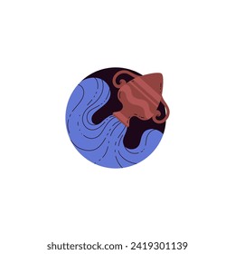 Round shape with water pours out of jug flat style, vector illustration isolated on white background. Decorative design element, Aquarius zodiac sign, astrology and esoteric