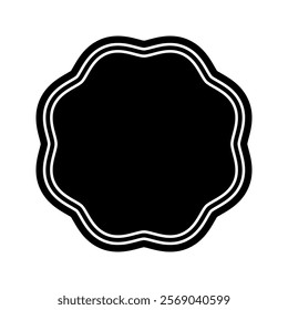 Round shape with wavy edges. Simple geometric circle form with curvy borders. Empty text box, tag or label isolated on white background. Vector graphic illustration.