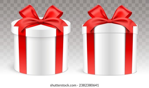 Round shape white gift box in different views, wrapped with red satin ribbon, isolated on transparent background. Realistic cylindrical giftbox set, vector illustration.