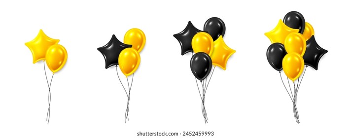 Conjunto de globos de forma redonda. Globo brillante amarillo y negro con cintas. Elemento festivo 3d para cumpleaños, aniversario, oferta de venta. Globos aislados sobre fondo blanco. Ilustración vectorial
