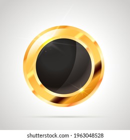 Round shaped bright glossy golden badge icon with black inner isolated on white