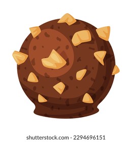 Round shaped chocolate candy with nuts. Tasty sweet dessert cartoon vector illustration