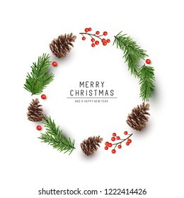 A round shaped Christmas frame made with fir branches, pine cones and red berries. Flat lay vector illustration