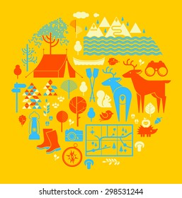 Round shaped composition with camping and outdoor activitiy symbols.