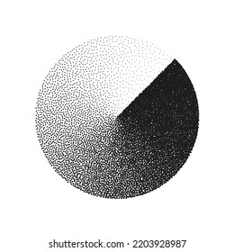 Round shaped dotted object, stipple elements. Fading gradient. Stippling, dotwork drawing, shading using dots. Pixel disintegration, halftone effect. White noise grainy texture. Vector illustration