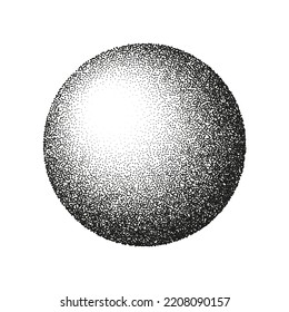 Round shaped dotted object, stipple elements. Fading gradient. Stippling, dotwork drawing, shading using dots. Pixel disintegration, halftone effect. White noise grainy texture. Vector illustration