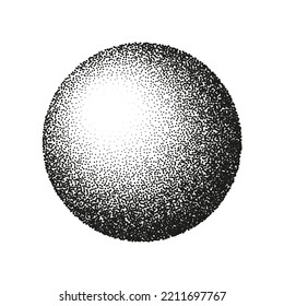 Round shaped dotted object, stipple elements. Fading gradient. Stippling, dotwork drawing, shading using dots. Pixel disintegration, halftone effect. White noise grainy texture. Vector illustration