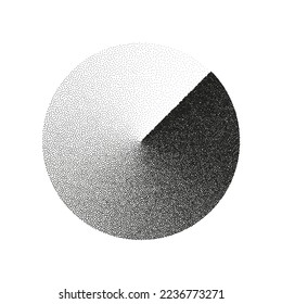 Round shaped dotted object, stipple elements. Fading gradient. Stippling, dotwork drawing, shading using dots. Pixel disintegration, halftone effect. White noise grainy texture. Vector illustration