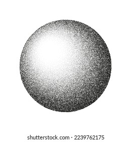 Round shaped dotted object, stipple elements. Fading gradient. Stippling, dotwork drawing, shading using dots. Pixel disintegration, halftone effect. White noise grainy texture. Vector illustration