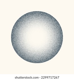 Round shaped dotted object, vintage stipple element. Fading gradient. Stippling, dotwork drawing, shading using dots. Halftone disintegration effect. White noise grainy texture. Vector illustration