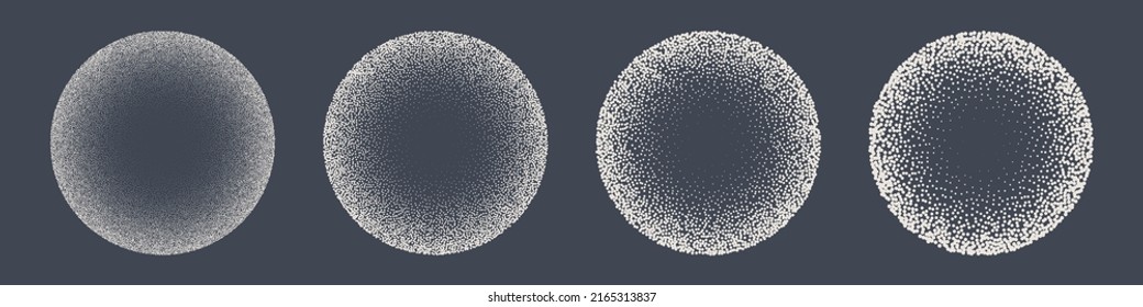 Round shaped dotted objects, stipple elements. Fading gradient. Stippling, dotwork drawing, shading using dots. Pixel disintegration, halftone effect. White noise grainy texture. Vector illustration