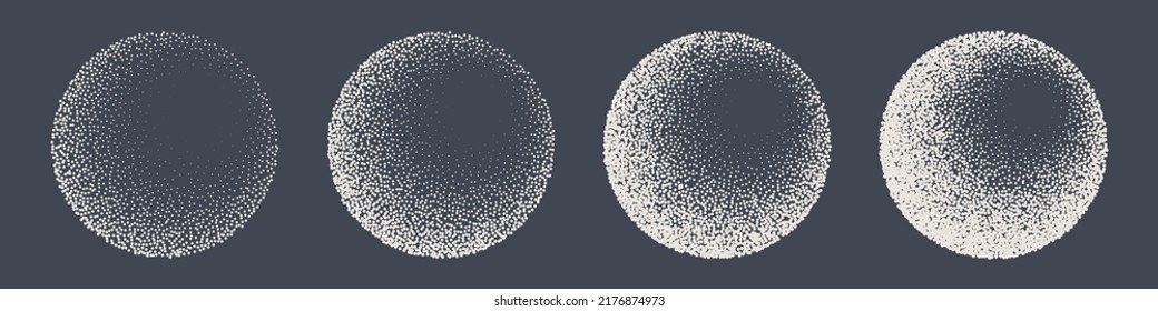 Round shaped dotted objects, stipple elements. Fading gradient. Stippling, dotwork drawing, shading using dots. Pixel disintegration, halftone effect. White noise grainy texture. Vector illustration