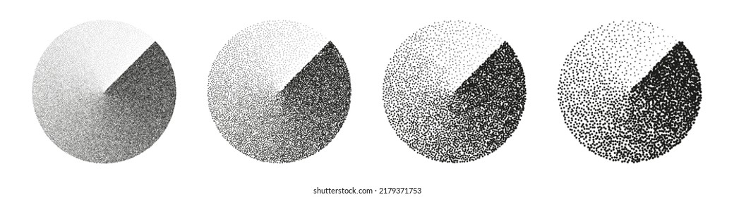 Round shaped dotted objects, stipple elements. Fading gradient. Stippling, dotwork drawing, shading using dots. Pixel disintegration, halftone effect. White noise grainy texture. Vector illustration