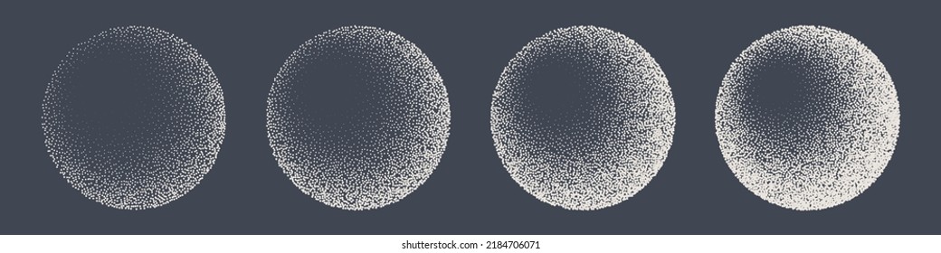 Round shaped dotted objects, stipple elements. Fading gradient. Stippling, dotwork drawing, shading using dots. Pixel disintegration, halftone effect. White noise grainy texture. Vector illustration