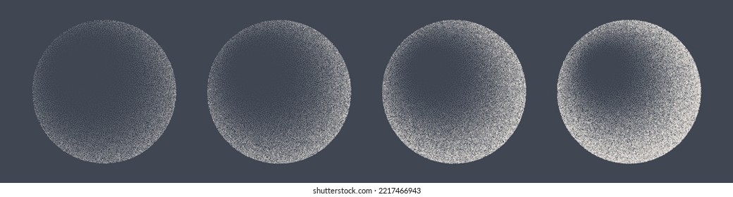 Round shaped dotted objects, stipple elements. Fading gradient. Stippling, dotwork drawing, shading using dots. Pixel disintegration, halftone effect. White noise grainy texture. Vector illustration