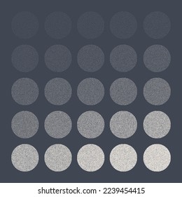Round shaped dotted objects, stipple elements. Fading gradient. Stippling, dotwork drawing, shading using dots. Pixel disintegration, halftone effect. White noise grainy texture. Vector illustration