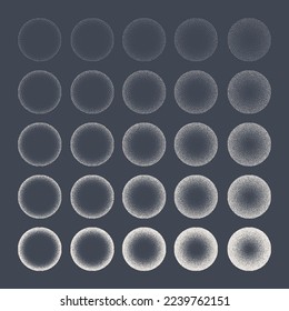 Round shaped dotted objects, stipple elements. Fading gradient. Stippling, dotwork drawing, shading using dots. Pixel disintegration, halftone effect. White noise grainy texture. Vector illustration