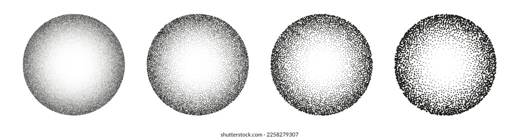 Round shaped dotted objects  stipple elements  Fading gradient  Stippling  dotwork drawing  shading using dots  Pixel disintegration  halftone effect  White noise grainy texture  Vector illustration