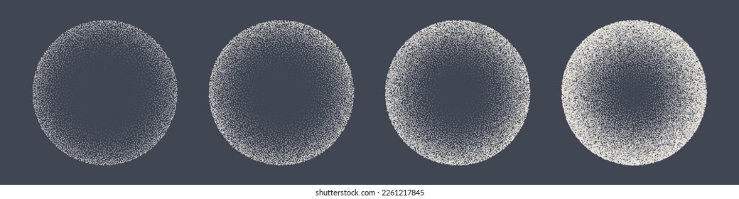 Round shaped dotted objects, stipple elements. Fading gradient. Stippling, dotwork drawing, shading using dots. Pixel disintegration, halftone effect. White noise grainy texture. Vector illustration