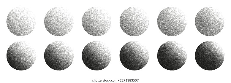 Round shaped dotted objects, stipple elements. Fading gradient. Stippling, dotwork drawing, shading using dots. Pixel disintegration, halftone effect. White noise grainy texture. Vector illustration