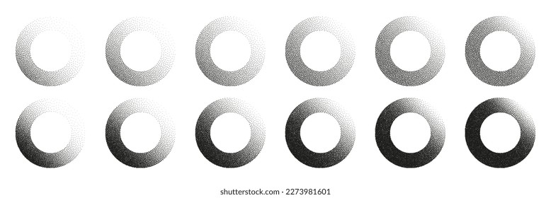 Round shaped dotted objects, stipple elements. Fading gradient. Stippling, dotwork drawing, shading using dots. Pixel disintegration, halftone effect. White noise grainy texture. Vector illustration