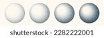 Round shaped dotted objects, vintage stipple elements. Fading gradient. Stippling, dotwork drawing, shading using dots. Halftone disintegration effect. White noise grainy texture. Vector illustration