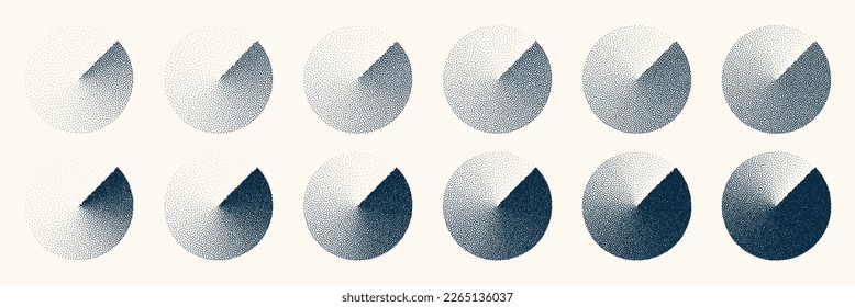 Objetos punteados redondeados, elementos de un pezón vintage. Degradado atenuado. Estipamiento, dibujo de puntos, sombreado con puntos. Efecto de desintegración de semitono. Textura granulada de ruido blanco. Ilustración del vector