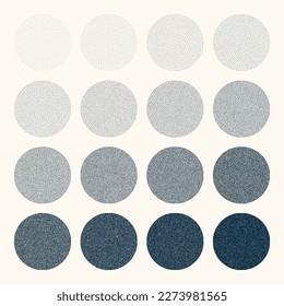 Round shaped dotted objects, vintage stipple elements. Fading gradient. Stippling, dotwork drawing, shading using dots. Halftone disintegration effect. White noise grainy texture. Vector illustration
