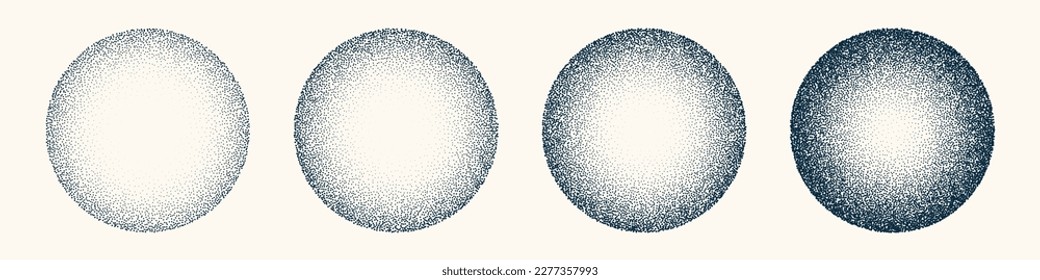 Round shaped dotted objects, vintage stipple elements. Fading gradient. Stippling, dotwork drawing, shading using dots. Halftone disintegration effect. White noise grainy texture. Vector illustration