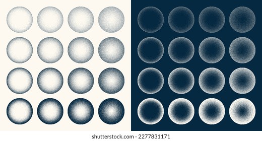 Round shaped dotted objects, vintage stipple elements. Fading gradient. Stippling, dotwork drawing, shading using dots. Halftone disintegration effect. White noise grainy texture. Vector illustration