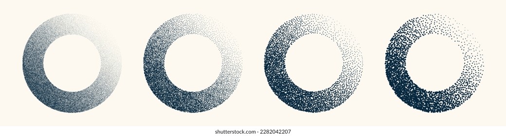 Objetos punteados redondeados, elementos de un pezón vintage. Degradado atenuado. Estipamiento, dibujo de puntos, sombreado con puntos. Efecto de desintegración de semitono. Textura granulada de ruido blanco. Ilustración del vector