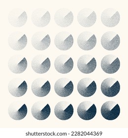 Round shaped dotted objects, vintage stipple elements. Fading gradient. Stippling, dotwork drawing, shading using dots. Halftone disintegration effect. White noise grainy texture. Vector illustration