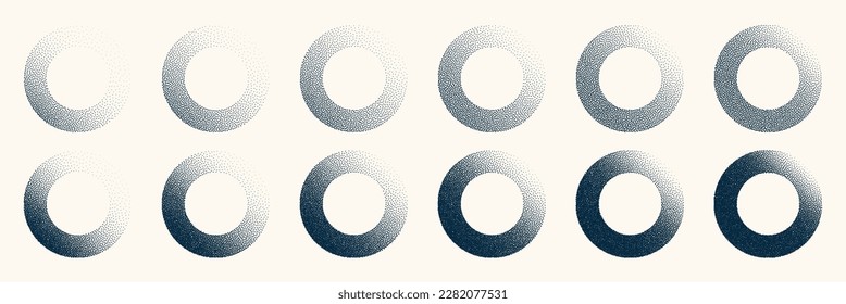 Round shaped dotted objects, vintage stipple elements. Fading gradient. Stippling, dotwork drawing, shading using dots. Halftone disintegration effect. White noise grainy texture. Vector illustration