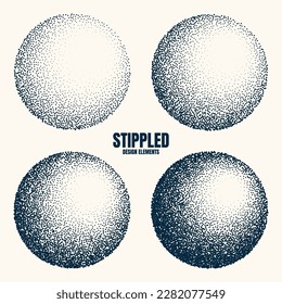 Objetos punteados redondeados, elementos de un pezón vintage. Degradado atenuado. Estipamiento, dibujo de puntos, sombreado con puntos. Efecto de desintegración de semitono. Textura granulada de ruido blanco. Ilustración del vector