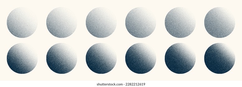 Round shaped dotted objects, vintage stipple elements. Fading gradient. Stippling, dotwork drawing, shading using dots. Halftone disintegration effect. White noise grainy texture. Vector illustration