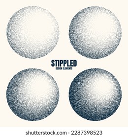 Round shaped dotted objects, vintage stipple elements. Fading gradient. Stippling, dotwork drawing, shading using dots. Halftone disintegration effect. White noise grainy texture. Vector illustration